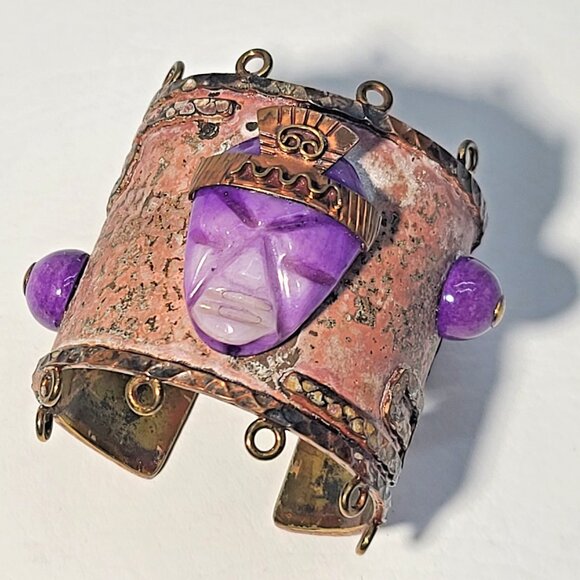 Annette Nancarrow Vintage Mexican Oxidized Copper Cuff Bracelet Purple Mask Face - Picture 1 of 8
